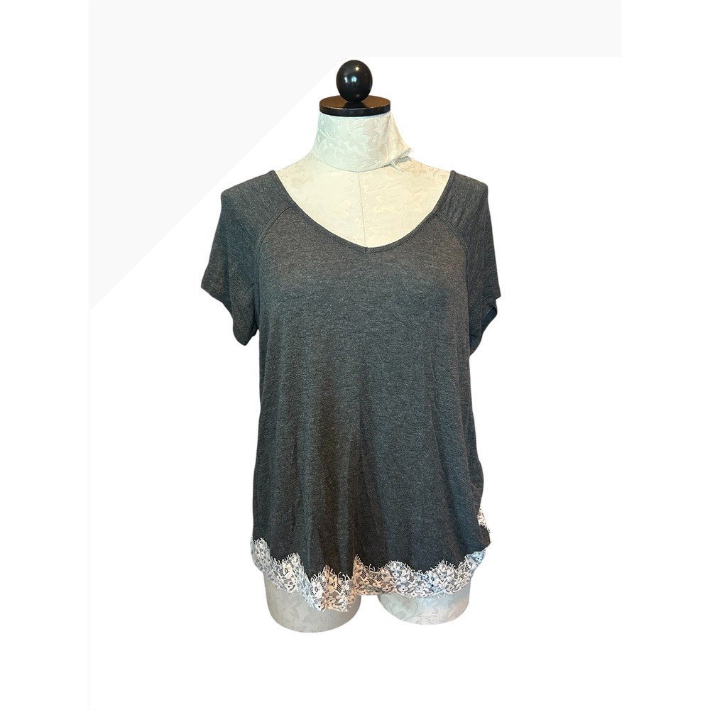 Jolt Womens XL Gray V-Neck Lace Trim Top Crisscross Back Short Sleeve Shirt